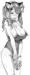  1girl animal_ears bare_shoulders blush breasts cat_ears cat_girl cleavage drooling covered_erect_nipples female_focus hair_ribbon highres large_breasts long_hair monochrome open_mouth pussy_juice ribbon solo standing sweat swimsuit takeda_hiromitsu tongue tongue_out white_background  rating:Explicit score:74 user:nakuke