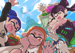  3boys 3girls :d ^_^ arm_up armor bare_shoulders beard black_dress black_hair black_jumpsuit blue_hair blue_hat blue_sky blunt_bangs bow-shaped_hair callie_(splatoon) cap&#039;n_cuttlefish clenched_hand closed_eyes closed_mouth collar colored_sclera commentary crossed_arms detached_collar dj_octavio dress english_commentary facial_hair facing_viewer fangs glint gloves gomipomi green_hair green_pantyhose green_sclera grin hand_on_own_chin hand_up hat head_rest helmet hug inkling inkling_boy inkling_girl inkling_player_character japanese_armor jumpsuit kabuto_(helmet) layered_clothes long_hair looking_at_viewer marie_(splatoon) medal multicolored_hair multiple_boys multiple_girls nintendo octoling old old_man one_eye_closed open_mouth orange_eyes orange_hair orange_pupils pantyhose pink_eyes pink_hair pointy_ears ponytail print_shirt shirt short_eyebrows short_hair sky smile splatoon_(series) splatoon_1 standing star-shaped_pupils star_(symbol) strapless strapless_dress swept_bangs symbol-shaped_pupils tearing_up tears tentacle_hair tower twintails two-tone_hair waving white_collar white_gloves white_shirt yellow_eyes zapfish 