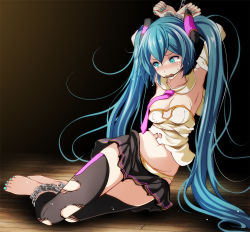 00s 1girl aqua_eyes aqua_hair aqua_nails areola_slip arms_behind_back arms_up bad_id bad_pixiv_id barefoot bdsm bit_gag black_background black_ribbon black_skirt black_thighhighs blush bondage bound bound_arms bound_legs breasts closed_eyes clothes_pull convenient_censoring detached_collar detached_sleeves female_focus full_body gag gagged hair_ribbon hatsune_miku long_hair looking_away looking_down medium_breasts nail_polish navel necktie no_bra nose_blush one_breast_out panties pink_necktie project_diva_(series) ribbon simple_background sing&amp;smile_(vocaloid) skirt skirt_pull solo stomach strapless tears thighhighs toenail_polish toenails torn_clothes torn_thighhighs tsukishiro_saika twintails underwear very_long_hair vocaloid wooden_floor yellow_panties rating:Questionable score:52 user:danbooru