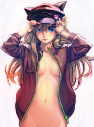  10s 1girl adjusting_clothes adjusting_headwear animal_hat arms_up badge black_hat blonde_hair blush bottomless boyaking breasts brown_jacket cat_hat closed_mouth coat cowboy_shot evangelion:_3.0_you_can_(not)_redo groin hat highres jacket long_hair looking_at_viewer medium_breasts naked_coat navel neon_genesis_evangelion no_bra open_clothes open_jacket out-of-frame_censoring rebuild_of_evangelion red_lips skull_print smile solo souryuu_asuka_langley stomach track_jacket  rating:Questionable score:38 user:danbooru