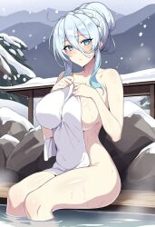  1girl blue_eyes breasts convenient_censoring covering_privates highres large_breasts long_hair looking_at_viewer naked_towel non-web_source nude_cover onsen original rock soaking_feet solo steam steam_censor towel water white_towel 