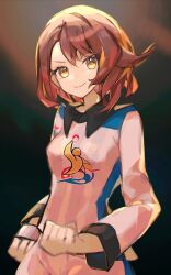  &gt;:) 1girl absurdres asatte_3z breasts brown_hair clenched_hands closed_mouth creatures_(company) game_freak gloria_(pokemon) highres long_sleeves medium_breasts nintendo pokemon pokemon_swsh short_hair smile solo twitter_username v-shaped_eyebrows yellow_eyes 