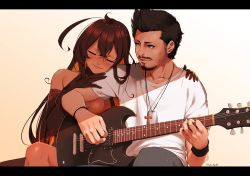  1boy 1girl ahoge aunty_black bare_shoulders beard black_hair black_hole blackhole-chan blue_eyes breasts brown_hair chris_cornell closed_eyes closed_mouth collarbone commentary electric_guitar facial_hair gibson_sg guitar instrument leaning_on_person leaning_to_the_side letterboxed long_hair looking_at_another lulu-chan92 m87_black_hole medium_breasts open_mouth original personification real_life short_hair simple_background sitting smile soundgarden white_background 
