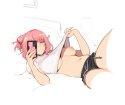  1girl black_shorts blue_eyes breasts cellphone closed_mouth clothes_lift elysia_(honkai_impact) holding holding_phone honkai_(series) honkai_impact_3rd large_breasts lifting_own_clothes lying maiqo navel nipples on_back phone pink_hair pointy_ears shirt shirt_lift short_sleeves shorts smartphone smile solo stomach white_shirt  rating:Questionable score:97 user:danbooru