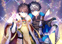  2boys aiguillette arm_at_side artist_name belt black_belt black_gloves black_hair black_shirt blue_cape blue_eyes blue_shirt cape charlemagne_(fate) cloak closed_mouth cowboy_shot dated fate/grand_order fate_(series) fujimaru_ritsuka_(male) fujimaru_ritsuka_(male)_(imperial_robe) fur-trimmed_cloak fur_trim gauntlets gloves gold_trim grin hair_between_eyes hand_on_own_hip hand_up highres jewelry long_sleeves looking_at_viewer male_focus multicolored_hair multiple_boys multiple_rings puffy_long_sleeves puffy_sleeves red_cloak renia_(xxx_wg_869) ring sheath sheathed shirt short_hair single_gauntlet smile sparkle striped_sleeves sword tassel twitter_username two-sided_cape two-sided_fabric two-tone_hair two-tone_shirt weapon white_cape white_hair white_shirt 