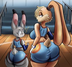  2girls absurdres artist_request ass bare_shoulders blonde_hair breasts crossover doeswhatever from_behind furry gloves green_eyes highres huge_ass judy_hopps large_breasts lola_bunny looking_at_another looney_tunes multiple_girls no_humans purple_eyes rabbit_girl rabbit_tail shiny_clothes shiny_skin short_hair short_shorts shorts sideboob skindentation smile space_jam:_a_new_legacy spanking sweat tail wide_hips zootopia  rating:Sensitive score:104 user:fakyuh