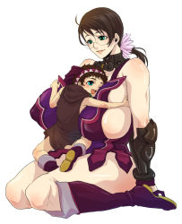 00s 1boy 1girl age_difference bad_id bad_pixiv_id black_hair blue_eyes breasts cattleya_(queen&#039;s_blade) cattleya_(queen's_blade) gigantic_breasts hug huge_breasts kneeling mature_female mother_and_son plump queen&#039;s_blade rana_(queen&#039;s_blade) weapon_merchant_cattleya yoshimura_masa rating:Questionable score:77 user:danbooru