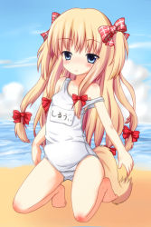  1girl barefoot beach blonde_hair blue_eyes blush bow day hair_bow hair_ribbon highres i3 kneeling long_hair multiple_hair_bows ocean one-piece_swimsuit original outdoors plaid ribbon school_swimsuit silviana solo strap_slip swimsuit tail twintails two_side_up wanko_to_kurasou white_one-piece_swimsuit white_school_swimsuit  rating:Questionable score:13 user:danbooru