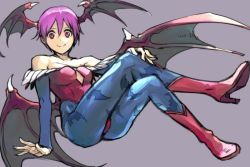 1girl bare_shoulders blue_pantyhose boots breasts capcom commentary_request crossed_legs demon_wings detached_sleeves full_body head_wings high_heel_boots high_heels hungry_clicker invisible_chair leotard lilith_aensland looking_at_viewer low_wings medium_breasts pantyhose purple_background purple_eyes purple_hair red_footwear red_leotard short_hair simple_background sitting smile solo vampire_(game) wings rating:Sensitive score:18 user:danbooru