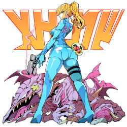  1girl ass ass_biting ass_grab bandages biting blonde_hair blue_eyes claws directed-energy_weapon dragon energy_gun energy_weapon from_behind from_below gun handgun high_heels kafun looking_at_viewer looking_back metroid metroid:_zero_mission metroid_(creature) mole mole_under_mouth nintendo open_mouth paralyzer pistol ponytail ridley samus_aran smoke solo teardrop tongue tongue_out view_between_legs weapon white_background wings zero_suit  rating:Sensitive score:80 user:HomeStruck
