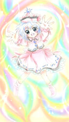  1girl :d blue_eyes bobby_socks collared_shirt frilled_hat frilled_shirt_collar frilled_skirt frills hat long_sleeves medinki medium_skirt merlin_prismriver official_style open_mouth outstretched_arms pink_hat pink_shirt pink_skirt rainbow_background shirt short_hair skirt smile socks solo teeth touhou upper_teeth_only white_hair white_socks zun_(style) 