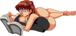  1girl alcione_makoto all_fours ass bare_legs blue_eyes book brown_hair cameltoe dress foreshortening highres holding holding_book huge_ass legs_apart long_hair micro_panties neon_genesis_evangelion panties reading shirt short_dress skindentation smile solo source_request souryuu_asuka_langley sundress thong toes transparent_background underwear white_panties wide_hips  rating:Sensitive score:2 user:popotepopote