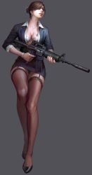  absurdres assault_rifle black_hair counter-strike counter-strike_(series) glasses gun highres office_attire office_lady rifle suppressor tattoo valve weapon  rating:Questionable score:41 user:PantiesbooPower
