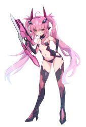  1girl absurdres breasts elbow_gloves full_body gloves grace_(sound_voltex) highres long_hair looking_at_viewer navel pink_eyes pink_hair simple_background small_breasts solo sound_voltex thighhighs twintails very_long_hair weapon white_background yunbei3  rating:Sensitive score:7 user:BlackRasis109_