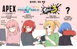 4girls ? ahoge amogan apex_legends bags_under_eyes black_sweater blonde_hair blue_hair blue_shirt blush_stickers bocchi_the_rock! breasts cellphone closed_eyes closed_mouth collared_shirt commentary_request female_focus game_console game_controller gotoh_hitori green_shirt highres holding_controller holding_game_controller ijichi_nijika keyboard_(computer) kita_ikuyo korean_text large_breasts logo long_hair long_twintails looking_at_another messy_hair monitor mouse_(computer) multiple_girls musical_note nintendo nintendo_switch phone pink_hair pink_track_suit playing_games project_sekai red_eyes red_hair shirt short_hair side_ponytail sitting smartphone smile splatoon_(series) splatoon_3 sweater t-shirt track_suit translation_request turtleneck turtleneck_sweater twintails virtual_boy yamada_ryo