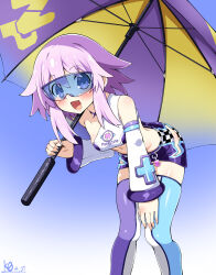  1girl :d absurdres asymmetrical_legwear bare_shoulders bent_over blush breasts crop_top detached_sleeves hair_between_eyes hand_on_own_thigh happy highres holding holding_umbrella knees_together_feet_apart kurozero long_hair looking_at_viewer medium_hair micro_shorts midriff mismatched_legwear neptune_(neptunia) neptune_(series) open_mouth parasol purple_eyes purple_hair race_queen shorts side_slit skindentation small_breasts smile solo standing sunglasses thighhighs thighs umbrella wide_sleeves 