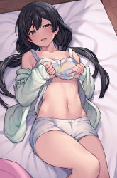 1girl absurdres bare_shoulders bed black_hair blush breasts cardigan clothes_lift collarbone commentary commentary_request cowboy_shot fingernails from_above green_cardigan grey_eyes hair_spread_out hands_up has_bad_revision has_downscaled_revision highres indoors jp06 knee_up lifting_own_clothes long_hair long_sleeves looking_at_viewer love_live! love_live!_nijigasaki_high_school_idol_club low_twintails lying md5_mismatch multicolored_clothes multicolored_shirt nakagawa_nana navel off_shoulder on_back on_bed open_cardigan open_clothes open_mouth raised_eyebrows resolution_mismatch shirt_lift short_shorts shorts sleeves_past_wrists solo source_smaller stomach tank_top twintails underboob white_shorts wooden_floor yuki_setsuna_(love_live!) rating:Sensitive score:109 user:danbooru