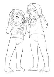  2girls artist_request barefoot blush bottomless bow feet flat_chest hair_bow highres loli looking_at_viewer monochrome multiple_girls presenting pussy sexually_suggestive shirt smile t-shirt tagme thighs toes twintails uncensored v  rating:Explicit score:62 user:Lolitron-500