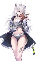  1girl :q absurdres animal_ears breasts calvin_klein choker curry_bowl earrings grey_eyes grey_hair hair_between_eyes highres hololive jacket jewelry lion_ears lion_tail long_hair looking_at_viewer navel necklace shishiro_botan simple_background solo ssrb_(shishiro_botan) tail tongue tongue_out virtual_youtuber white_background 