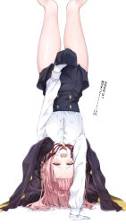 1girl absurdres aru_(blue_archive) bad_id bad_twitter_id black_skirt blue_archive brown_horns coat coat_on_shoulders covering_crotch covering_privates gloves handstand high-waist_skirt highres horns looking_at_viewer lycoris_challenge_(meme) meme neck_ribbon one_arm_handstand parody pencil_skirt pink_hair red_coat ribbon shirt shirt_tucked_in skirt skirt_hold solo thighs upside-down white_background white_gloves white_shirt yoru0409