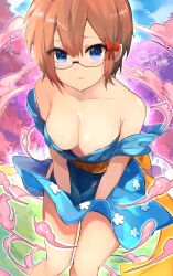  1girl alternate_costume bare_shoulders blue_eyes blush bokutachi_wa_benkyou_ga_dekinai bow breasts cleavage clothes_down collarbone cosplay cowboy_shot embarrassed female_focus from_above glasses hair_bow highres japanese_clothes kimono large_breasts looking_at_viewer nami_(one_piece) nami_(one_piece)_(cosplay) off-shoulder_kimono ogata_rizu one_piece orange_hair red_bow sleeveless sleeveless_kimono solo thigh_gap thighs 