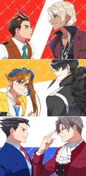  1girl 5boys ace_attorney apollo_justice apollo_justice:_ace_attorney ascot athena_cykes black_eyes black_gloves black_hair black_jacket black_shirt blonde_hair blue_background blue_eyes blue_jacket blue_necktie brown_eyes brown_hair collared_shirt crescent crescent_earrings earrings feather_in_mouth frown glasses gloves grey_hair hand_up hands_up highres jacket jewelry klavier_gavin long_hair long_sleeves miles_edgeworth multicolored_hair multiple_boys nam_eh_co necklace necktie partially_fingerless_gloves phoenix_wright phoenix_wright:_ace_attorney_-_dual_destinies profile red_background red_jacket red_necktie red_vest shirt short_hair side_ponytail simon_blackquill single_glove smile two-tone_hair upper_body v-shaped_eyebrows vest white_ascot white_background white_hair white_shirt yellow_background yellow_jacket 