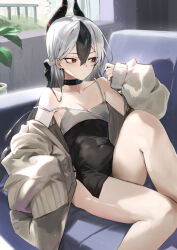  1girl absurdres black_choker black_horns blue_archive blush breasts choker cleavage closed_mouth covered_navel demon_horns dress ear_piercing grey_hair hair_between_eyes hanasawa_(pixiv53877974) highres hood hoodie horns jewelry kayoko_(blue_archive) kayoko_(dress)_(blue_archive) knee_up light_particles long_hair long_sleeves looking_to_the_side mole mole_on_collarbone multicolored_hair no_halo off_shoulder official_alternate_costume open_clothes open_hoodie piercing red_eyes revealing_clothes shiny_skin short_dress shy sideboob sitting solo two-tone_hair 