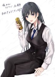  1girl absurdres black_hair black_pants black_vest blue_necktie can closed_mouth collared_shirt crossed_legs hayase_illusut highres hiratsuka_shizuka holding holding_can long_hair long_sleeves looking_at_viewer necktie pants shirt simple_background sitting solo teacher translation_request vest white_background white_shirt yahari_ore_no_seishun_lovecome_wa_machigatteiru.  rating:General score:3 user:danbooru