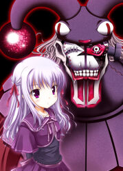  1girl arms_behind_back aura blush commentary_request dark_aura dress expressionless fujimoto_akio gore_(gore_screaming_show) gore_screaming_show grin hair_ribbon hat jester_cap long_hair looking_at_viewer object_through_head one-eyed purple_dress purple_eyes red_ribbon ribbon screw_in_head smile teeth upper_body white_hair yuka_(gore_screaming_show) 