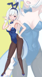  1girl absurdres animal_ears black_pantyhose blue_bow blue_bowtie blue_leotard bow bowtie breasts commentary_request commission detached_collar fins fish_tail full_body highleg highleg_leotard highres hoshino_shark indie_virtual_youtuber leotard looking_at_viewer medium_breasts pantyhose playboy_bunny purple_eyes rabbit_ears rizzy shark_tail short_hair skeb_commission solo strapless strapless_leotard tail virtual_youtuber waving white_hair wrist_cuffs zoom_layer 