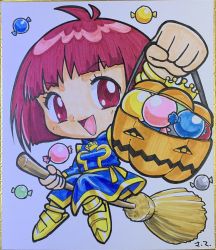  1girl absurdres basket blue_robe bob_cut broom broom_riding candy chibi cotton_(character) cotton_(game) crown female_focus food highres holding holding_broom marker_(medium) open_mouth pumpkin red_eyes red_hair robe signature solo traditional_media witch yellow_footwear  rating:General score:1 user:OpaBro