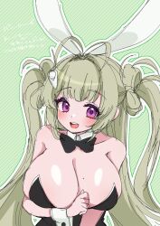  :d animal_ears antenna_hair black_bow black_bowtie black_leotard blush bowtie breasts chiji_komari detached_collar fake_animal_ears goddess_of_victory:_nikke green_hair heart_antenna_hair highleg highleg_leotard huge_breasts leotard long_hair looking_at_viewer mole mole_on_breast open_mouth pink_eyes playboy_bunny rabbit_ears smile soda_(nikke) soda_(twinkling_bunny)_(nikke) strapless strapless_leotard twintails wrist_cuffs 