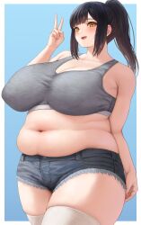  1girl absurdres arm_at_side black_hair blue_background blue_shorts blunt_bangs blush border breasts collarbone commentary_request commission covered_erect_nipples cowboy_shot denim denim_shorts fat freckles grey_sports_bra highres huge_breasts long_hair looking_at_viewer mil_k_vanilla muffin_top navel open_mouth original outside_border pixiv_commission ponytail short_shorts shorts sidelocks solo sports_bra thick_thighs thighhighs thighs v white_border white_thighhighs yellow_eyes 