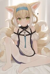  1girl :| ? absurdres animal_ears arknights bed_sheet blonde_hair blue_dress blue_hairband blush braid closed_mouth cum cum_in_clothes cum_in_pussy cum_on_clothes cum_pool cum_through_clothes cumdrip curtains day dot_nose dress eyebrows_hidden_by_hair female_focus fox_ears fox_tail full_body gachigachi green_eyes hair_between_eyes hairband highres indoors loli looking_at_viewer multicolored_clothes multicolored_dress multicolored_hair multiple_tails no_shoes off-shoulder_dress off_shoulder panties panties_under_pantyhose pantyhose short_hair sidelocks sitting soles solo spread_legs suzuran_(arknights) tail tearing_up tears thighband_pantyhose twin_braids underwear white_dress white_hair white_panties white_pantyhose  rating:Explicit score:153 user:danbooru