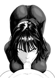  1girl :&gt;= angry breasts clothed_female_nude_male fellatio fubuki_(one-punch_man) greyscale highres iwao178 large_breasts looking_at_viewer monochrome nude one-punch_man oral penis  rating:Explicit score:203 user:jojosstand