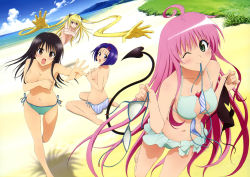 4girls ahoge ass barefoot beach bikini bikini_in_mouth black_hair blonde_hair blue_hair breasts brown_eyes cleavage clothes_in_mouth clothes_theft cloud covering_breasts covering_privates day demon_tail detexted dimples_of_venus feet green_eyes hair_ornament hairclip highres konjiki_no_yami kotegawa_yui lala_satalin_deviluke long_hair looking_back medium_breasts mouth_hold multiple_girls navel non-web_source ocean official_art oka_yuuichi one_eye_closed open_mouth outdoors pink_hair purple_eyes red_eyes sairenji_haruna short_hair side-tie_bikini_bottom sideboob sitting sky small_breasts striped_bikini striped_clothes swimsuit swimsuit_theft tail theft third-party_edit to_love-ru topless very_long_hair wardrobe_malfunction wariza water wink rating:Questionable score:75 user:danbooru