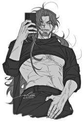  1boy absurdres bara beard_stubble clothes_lift cropped_legs crotch_grab dark-skinned_male dark_skin facial_hair greyscale highres holding holding_phone male_focus mature_male monochrome okiii phone reverse:1999 seductive_smile selfie shamane shirt_lift smile solo sparse_chest_hair sparse_navel_hair stubble thick_eyebrows tsurime underpec 