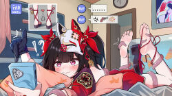 !? 1girl bare_shoulders barefoot black_hair blush cellphone clock detached_sleeves facial_mark fish_tank fox_mask gloves highres holding holding_phone honkai:_star_rail honkai_(series) indoors lying mask mask_on_head on_stomach phone pillow pink_nails platform_footwear purple_eyes qiufengxiaose single_glove smartphone smile solo sparkle_(honkai:_star_rail) symbol-shaped_pupils tears tentacles rating:Questionable score:20 user:danbooru