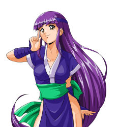  1girl arm_wrap artist_request breasts closed_mouth cosplay cream_lemon highres japanese_clothes julia_(rall) long_hair looking_at_viewer ninja omime pelvic_curtain retro_artstyle rurouni_kenshin sash sf_choujigen_densetsu_rall short_sleeves simple_background smile solo tabi uniform very_long_hair white_background 