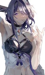  1girl acheron_(honkai:_star_rail) artist_name bandaged_arm bandages bare_shoulders black_choker blush breasts chiiroyo choker cleavage criss-cross_halter hair_intakes hair_ornament hair_over_one_eye hair_tie_in_mouth halterneck highres honkai:_star_rail honkai_(series) jacket large_breasts long_hair midriff mouth_hold navel purple_hair simple_background solo upper_body white_background white_jacket 