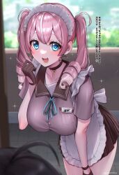  1girl 1other absurdres ahoge apron black_hair blue_eyes blue_ribbon blurry blurry_background blush breast_pocket breasts brown_gloves brown_sailor_collar brown_skirt choker commentary doorway double-parted_bangs drill_hair drill_sidelocks gloves hair_between_eyes hair_ornament hallway hand_up highres key key_choker large_breasts leaning_forward long_hair loose_hair_strand maid maid_headdress name_tag open_mouth original out_of_frame pink_hair pocket purple_shirt ribbon ringlets sailor_collar shirt short_sleeves sidelocks skirt solo_focus sparkle teeth translation_request twitter_username two_side_up white_apron x_hair_ornament yayoi_maka 