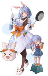  2girls absurdres aged_down animal_ear_fluff animal_ears animal_slippers bare_shoulders black_bodysuit blue_hair bodysuit bow braid braided_ponytail breasts brown_pantyhose bunny_slippers carrot_in_pocket chopsticks detached_sleeves dress frying_pan hair_bow highres holding holding_chopsticks holding_frying_pan hololive housewife large_breasts long_hair long_sleeves looking_at_viewer maison_de_cante mature_female multiple_girls open_mouth orange_bow pantyhose pekomama pinafore_dress rabbit-shaped_pupils rabbit_ears rabbit_girl rabbit_tail red_eyes short_eyebrows simple_background sleeveless sleeveless_dress slippers smile solo symbol-shaped_pupils tail thick_eyebrows usada_pekora virtual_youtuber white_background white_bow white_dress white_hair 