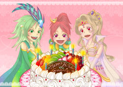  1990s_(style) 3girls blonde_hair brown_hair cake candle chocobo detached_sleeves earrings feathers female_focus final_fantasy final_fantasy_iv food fruit green_eyes green_hair green_lips hair_ornament happy_birthday hino_makoto jewelry leotard long_hair multiple_girls open_mouth pink_lips ponytail porom purple_eyes red_eyes rosa_farrell rydia_(ff4) tiara 