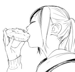  1girl doughnut eating closed_eyes female_focus food from_side holding holding_food monochrome open_mouth original ponytail satsuyo sketch solo  rating:Sensitive score:5 user:Dweenie