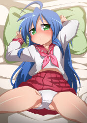  1girl absurdres ahoge bed_sheet blue_hair blush commentary commentary_request embarrassed english_commentary female_focus green_eyes head_on_pillow highres izumi_konata k_hyeonee korean_commentary loli long_hair long_sleeves looking_at_viewer lucky_star lying midriff_peek mixed-language_commentary mole mole_under_eye neckerchief on_back on_bed panties pillow pillow_grab pink_neckerchief pleated_skirt pussy pussy_peek ryouou_school_uniform school_uniform serafuku skirt sleeves_past_wrists solo spread_legs underwear variant_set white_panties  rating:Explicit score:169 user:danbooru
