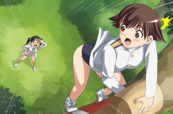  2girls ass black_hair blush breasts brown_eyes brown_hair climbing_tree francesca_lucchini green_eyes hosoinogarou looking_at_another military_uniform miyafuji_yoshika multiple_girls open_mouth outdoors school_uniform short_hair small_breasts strike_witches tree twintails uniform world_witches_series 