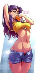  1girl beer_can can crop_top curvy drink_can drinking haysey highres holding holding_can katsuragi_misato long_hair midriff navel neon_genesis_evangelion purple_hair scar shiny_skin short_shorts shorts solo stomach wide_hips  rating:Sensitive score:65 user:danbooru
