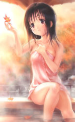 1girl autumn autumn_leaves brown_hair goto_p leaf maple_leaf naked_towel onsen original outdoors red_eyes solo sunny_(goto_p) towel wet rating:General score:14 user:danbooru