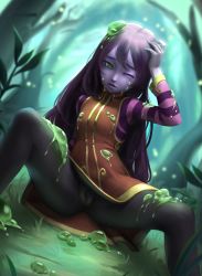  1girl artist_request colored_skin dress forest grass green_eyes hand_on_own_head league_of_legends loli long_hair lulu_(league_of_legends) nature no_panties one_eye_closed pantyhose purple_hair purple_skin pussy red_dress short_dress slime_(substance) solo spread_legs tree upskirt  rating:Explicit score:82 user:danbooru