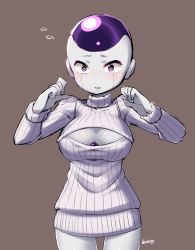 1girl blueberry_(5959) blush breasts cleavage cleavage_cutout clothing_cutout dragon_ball dragonball_z female_focus frieza genderswap genderswap_(mtf) large_breasts long_sleeves looking_at_viewer meme_attire open-chest_sweater open_mouth purple_eyes ribbed_sweater simple_background solo sweater turtleneck rating:Sensitive score:59 user:danbooru